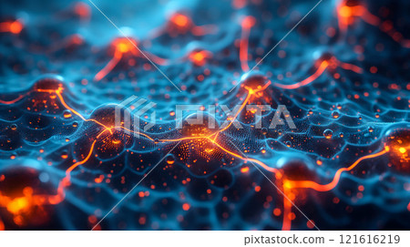 Detailed View of Sci-Fi Network of Interconnected Nodes and Glowing Orbs. Generative AI 121616219