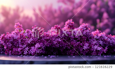 Beautiful lilac flower on podium for Mother's, Valentine's day, spring celebration. Generative AI 121616229