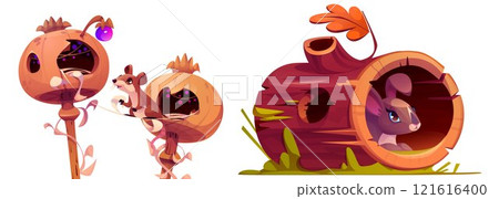 Forest animals in tree holes isolated on white 121616400