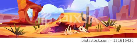 Desert cave entrance with animal skeleton 121616423