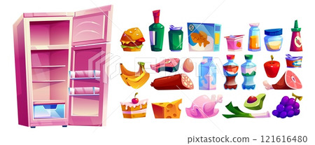 Pink empty refrigerator with separate food icons Pink empty refrigerator with separate food icons 121616480