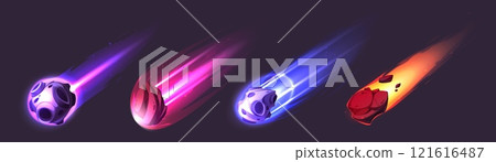 Burning asteroids set isolated on black background Burning asteroids set isolated on black background 121616487