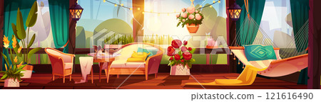 Summer terrace interior with furniture 121616490