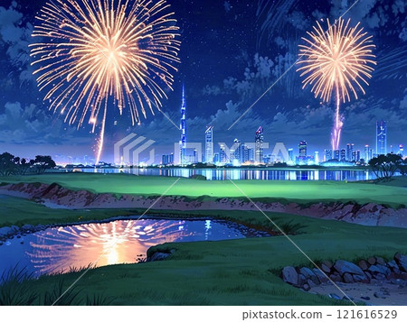 Golf course with a view of Burj Khalifa and fireworks-2 121616529
