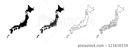 Simple black and white silhouette of Japan, line drawing of a map of Japan, map of Japan divided into prefectures Simple black and white silhouette of Japan, line drawing of a map of Japan, map of Japan divided into prefectures 121616539