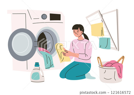 Vector illustration of woman doing laundry, with washing machine, drying rack, and laundry basket, utility room or laundromat. Simple and colorful flat character, detergent doodle in cartoon style 121616572