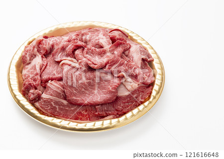 Beef shoulder loin for sukiyaki on white background Beef shoulder loin for sukiyaki on white background 121616648