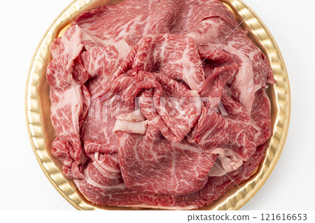 Beef shoulder loin for sukiyaki on white background Beef shoulder loin for sukiyaki on white background 121616653