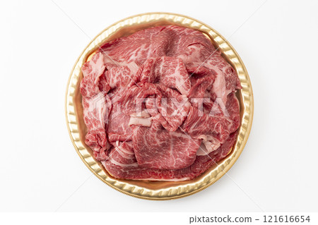 Beef shoulder loin for sukiyaki on white background Beef shoulder loin for sukiyaki on white background 121616654