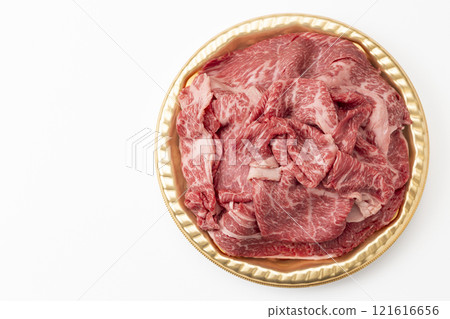 Beef shoulder loin for sukiyaki on white background Beef shoulder loin for sukiyaki on white background 121616656