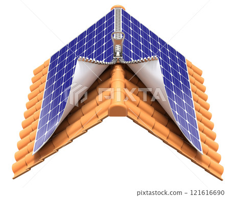 Install solar panels on the roof concept with the zipper - 3D illustration 121616690