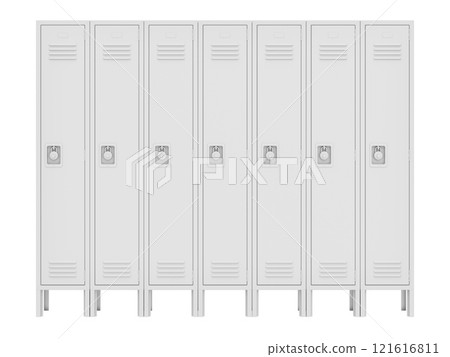 Clay render of gym locker metal cabinets with padlocks - 3D illustration 121616811