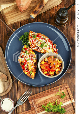 Stuffed Sweet Potato, Mexican cuisine. 121617097