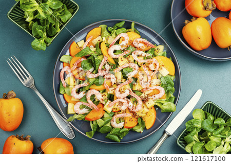 Fresh persimmon seafood salad. Fresh persimmon seafood salad. 121617100