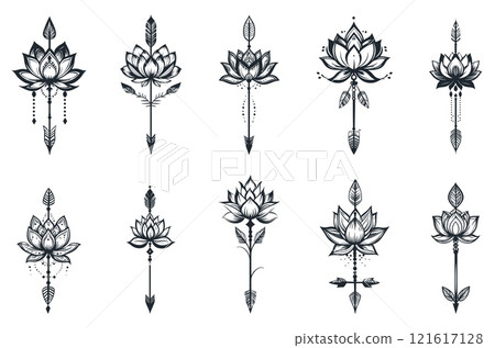 Lotus tattoo with arrow set. Motivation harmony underline print sticker design element. Spiritual lily symbol. Black and white simple flat ethnic elegant boho style. Isolated vector on white 121617128