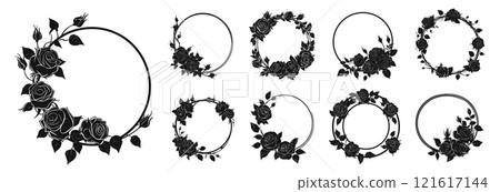 Funereal round frame with roses set. Flower wreaths with place for text in the middle. Memorial condolence borders. Black silhouette flat style. Isolated vector clipart collection on white background 121617144