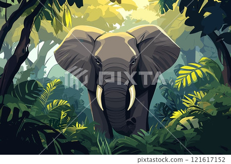 Elephant in the jungles background. Green tropical forest around safari wildanimal. Nature beauty wild life african indian giant ear trunk huge strong mammal. Cartoon style vector illustration 121617152