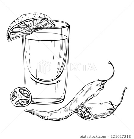 Tequila liquor alcohol shot glass with lime citrus slice, chili spicy pepper. Vodka whisky cocktail. Hand drawn ink vector isolated illustration. Design travel, vacation brochure, shop, bar pub menu Tequila liquor alcohol shot glass with lime citrus slice, chili spicy pepper. Vodka whisky cocktail. Hand drawn ink vector isolated illustration. Design travel, vacation brochure, shop, bar pub menu 121617218