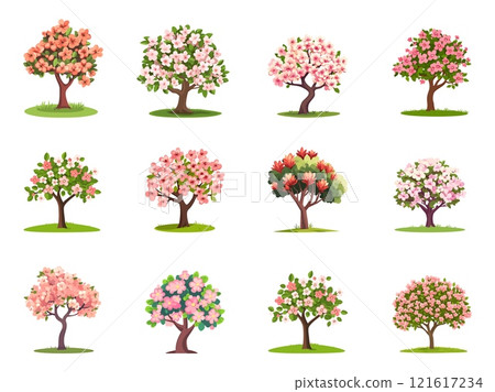 Blooming flower tree set. Purple and pink flowers and foliage. Short nature plants. Eco botanical garden paradise green environment spring time. Cartoon style vector illustration 121617234