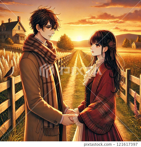 兩個人在夕陽的背景下互相對視 121617397