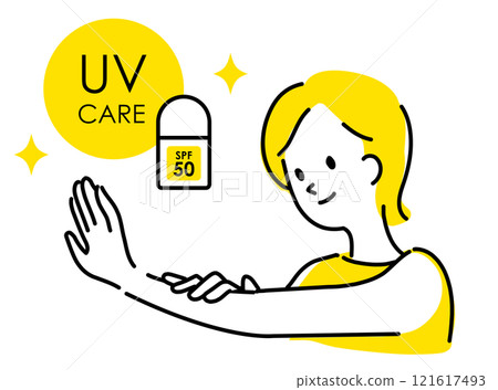 Illustration of a woman doing UV protection (SPF50) Illustration of a woman doing UV protection (SPF50) 121617493