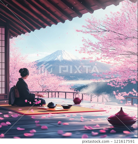 A tranquil Japanese tea ceremony surrounded by Mt. Fuji and cherry blossoms A tranquil Japanese tea ceremony surrounded by Mt. Fuji and cherry blossoms 121617591