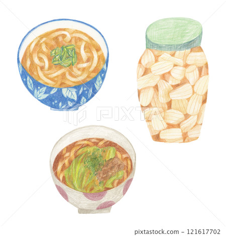 用色鉛筆繪製的rakkyo和兩個烏龍麵的插圖 用色鉛筆繪製的rakkyo和兩個烏龍麵的插圖 121617702
