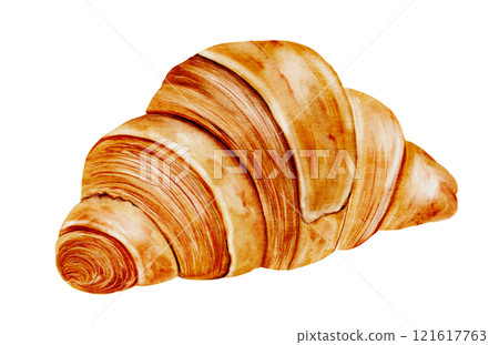 Croissant watercolor. Hand drawn illustration fresh french bun. Food clip art. Ideal for bakery prints, postcards and pastry shop posters. Croissant watercolor. Hand drawn illustration fresh french bun. Food clip art. Ideal for bakery prints, postcards and pastry shop posters. 121617763