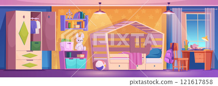 Kids interior. Playing room for kids different furniture collection and playful toys exact vector cartoon background 121617858