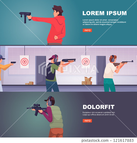 shooters in shooting gallery. aiming characters. vector horizontal banners shooters in shooting gallery. aiming characters. vector horizontal banners 121617883