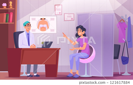 plastic surgery. woman consulting with doctor about breast augmentation 121617884