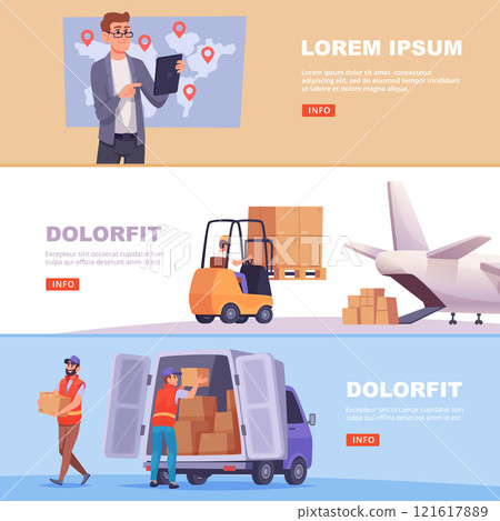 logistic banners. worldwide delivery services loading packages on airplanes and ships logistic banners. worldwide delivery services loading packages on airplanes and ships 121617889