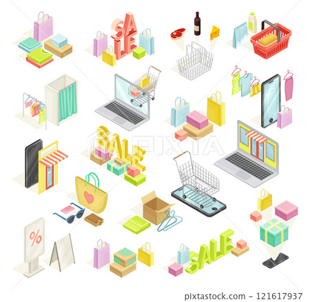 Online Shopping and Ecommerce with Purchase Box and Smartphone Isometric Vector Set 121617937