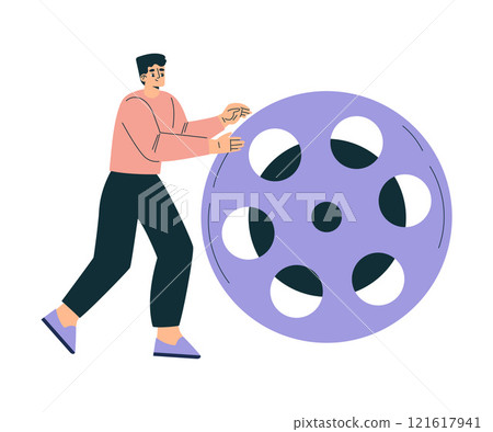 Man with Reel at Shooting Film Movie Production Scene Vector Illustration 121617941