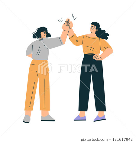 Woman Give High Five as Successful Partnership and Teamwork Gesture Vector Illustration 121617942