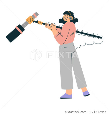 Woman with Microphone at Shooting Film Movie Production Scene Vector Illustration Woman with Microphone at Shooting Film Movie Production Scene Vector Illustration 121617944
