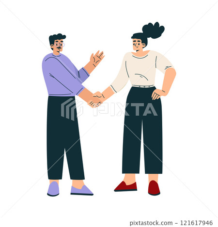 Man and Woman Character Shaking Hands after Completed the Deal Vector Illustration Man and Woman Character Shaking Hands after Completed the Deal Vector Illustration 121617946