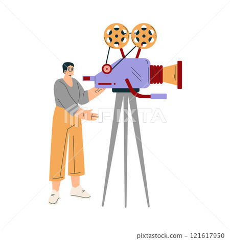 Man Standing at Camera at Shooting Film Movie Production Scene Vector Illustration Man Standing at Camera at Shooting Film Movie Production Scene Vector Illustration 121617950
