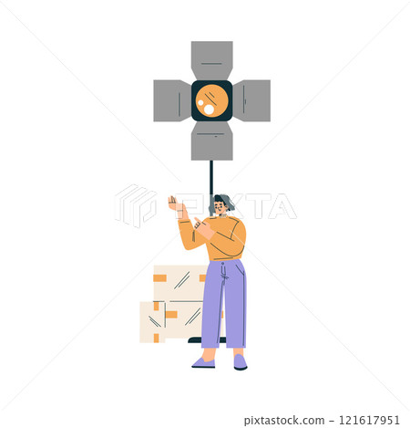 Woman Standing at Lamp at Shooting Film Movie Production Scene Vector Illustration Woman Standing at Lamp at Shooting Film Movie Production Scene Vector Illustration 121617951