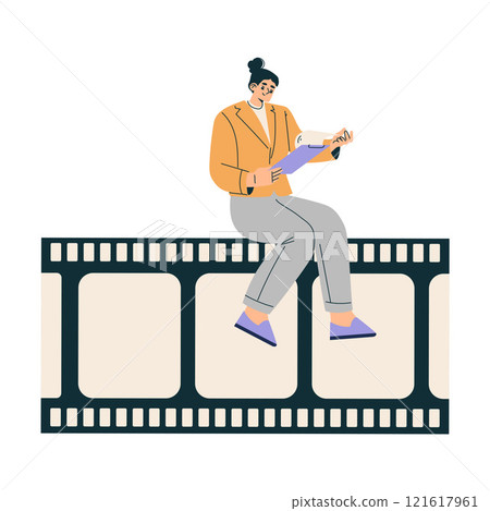 Woman Sit on Tape with Clipboard at Shooting Film Movie Production Scene Vector Illustration Woman Sit on Tape with Clipboard at Shooting Film Movie Production Scene Vector Illustration 121617961