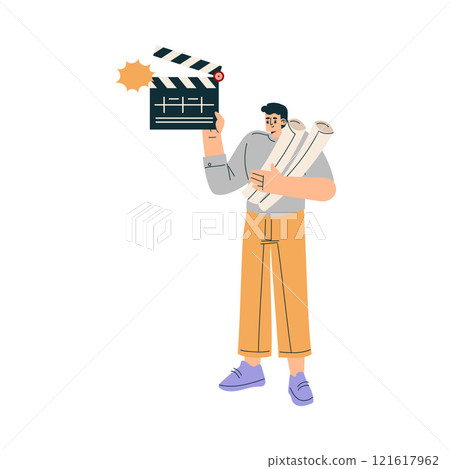 Man with Clapperboard at Shooting Film Movie Production Scene Vector Illustration Man with Clapperboard at Shooting Film Movie Production Scene Vector Illustration 121617962