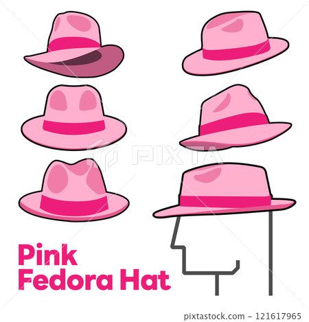 Set Blank Pink Fedora Hat Vector for Template. Pink Fedora Hat Technical Fashion Illustration. Pink Fedora Hat Isolated on White Background. Vector Illustration. All in a single layer. Elements for 121617965