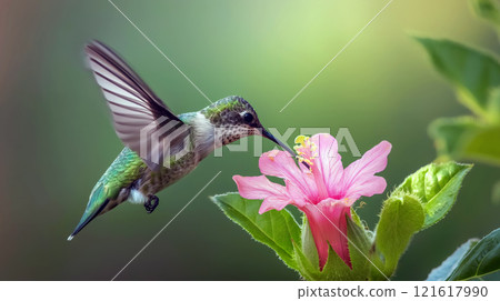 Colorful hummingbird hovering near pink hibiscus flower in a garden Colorful hummingbird hovering near pink hibiscus flower in a garden 121617990