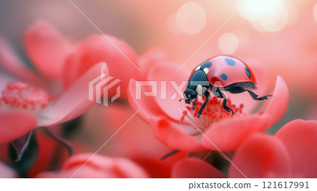 Colorful ladybug resting on vibrant pink flowers in a serene garden setting Colorful ladybug resting on vibrant pink flowers in a serene garden setting 121617991