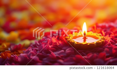 Diwali Diya, Candle light with Flower Decoration, Indian Festival Diwali Diya, Candle light with Flower Decoration, Indian Festival 121618064