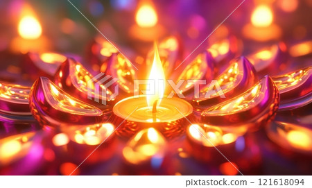 Diwali diya with colorful decorations, glowing festival lights 121618094