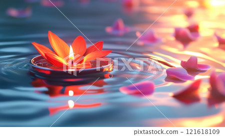 Tranquil floating lotus candle, Peaceful nature, meditation, spirituality 121618109