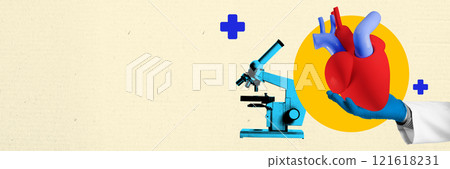 Microscope and hand holding heart, representing integration of science and cardiology in healthcare advancements. Contemporary art collage. Microscope and hand holding heart, representing integration of science and cardiology in healthcare advancements. Contemporary art collage. 121618231