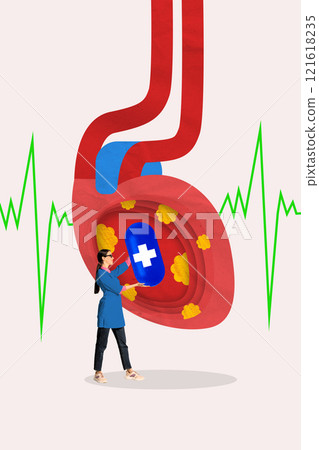 Doctor holding large capsule inside illustrated heart with ECG waves, representing medical intervention and heart health care. Contemporary art collage. 121618235