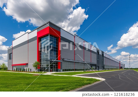 Modern warehouse facade on a sunny day, distribution center. Industrial Building of modern logistics hub. Loading dock. Large Business Entrance. Innovative logistic complex exterior. Cargo storage 121618236